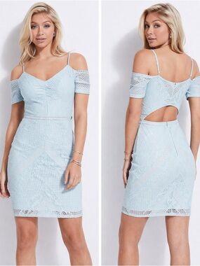 GUESS Baby Blue Cold-Shoulder Lace Mini Dress